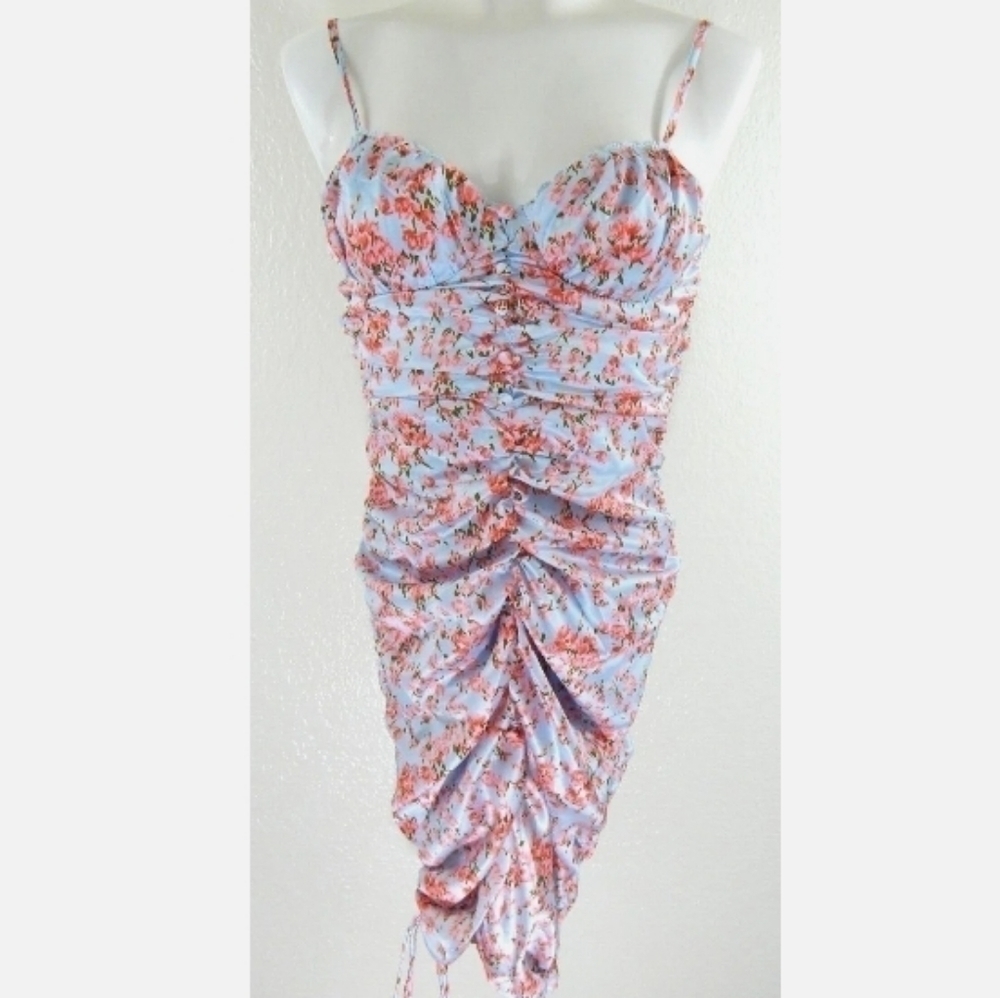 O. Vianca Floral Ruched Satin Midi Dress